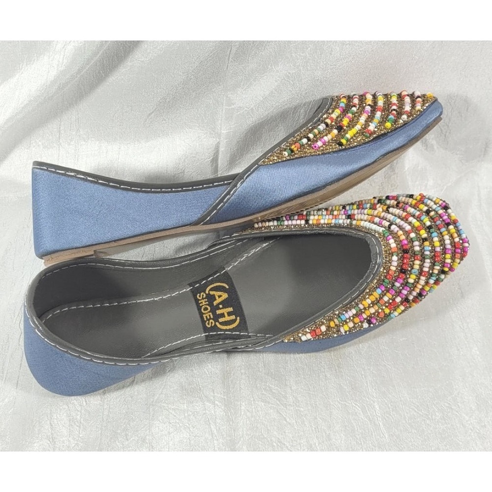 AH Women's Pakistani Ethnic Flat Beaded Satin Khussa Shoes - Blue - Sz 8